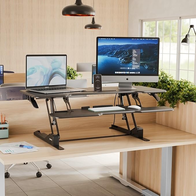 Mount-It! 47" Standing Desk Converter, Large Wide Tabletop Height Adjustable Desk Riser with Gas Spring, Desktop Sit Stand Up Desk with Keyboard Tray Fits 2 Monitors or Monitor and Laptop, Black-DeskLoop Office