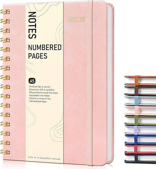 Lined Spiral Journal Notebook for Women, A5 Hardcover Notebooks for Work, 150 Numbered Pages Pink Notebook, 100GSM College Ruled Journals for Writing, Note Taking, 5.75" x 8.38"-DeskLoop Office