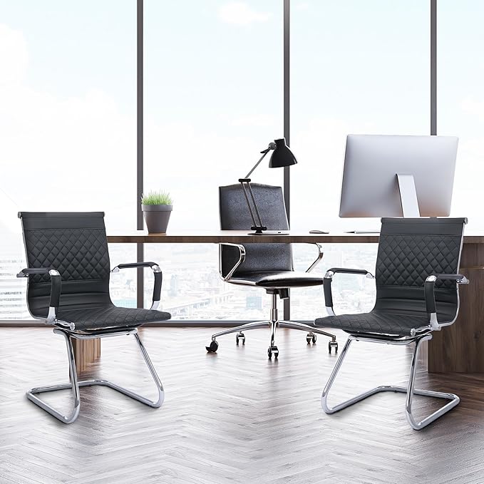 Office Guest Chairs - Set of 8 Modern PU Leather Mid Back Desk Chairs in Black-DeskLoop Office