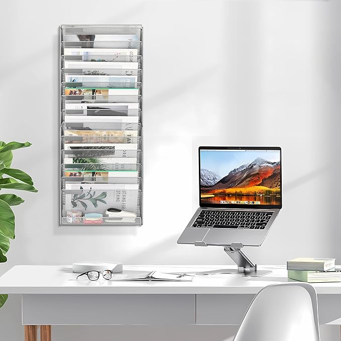 EasyPAG 14 Tier Wall File Holder with Flat Tray, Silver | Easy Assemble Mesh Desk File Organizer | 13-Folder Paper Storage | Replaceable Classify Labels | Space Saving Mail Organizer for Office Home-DeskLoop Office