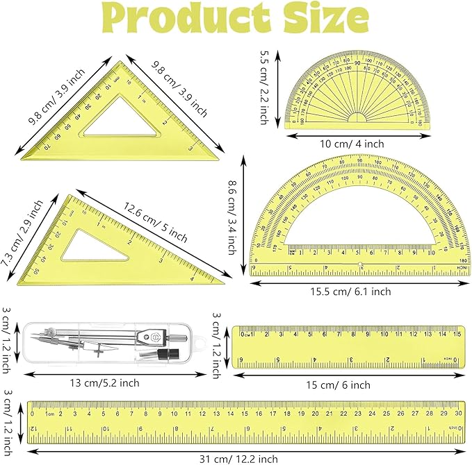 Zonon 1 Set Plastic Geometry Math Set Includes Drawing Compass, 6 Inch 4 Inch Protractor, 45/60 Degree Triangle Rulers 12 Inch 6 Inch Math Ruler Transparent for Office Supplies(Yellow)-DeskLoop Office