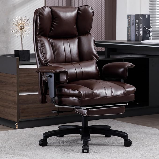 Big and Tall Office Chair 500lbs Wide Seat Executive Office Desk Chair High-Back Office Task Chair with Foot Rest, Ergonomic Lumbar Support Computer Office Chairs for Heavy People(Brown)-DeskLoop Office