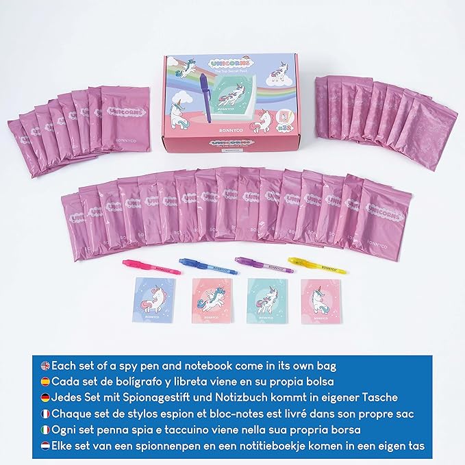 BONNYCO Invisible Ink Pen and Notebook Pack 32 Unicorn Party Favors for Kids, Magic Spy Pen Goodie Bags Stuffers for Kids, Unicorn Birthday Party Supplies, Goody Bag Stuffers | Return Gifts Prizes-DeskLoop Office