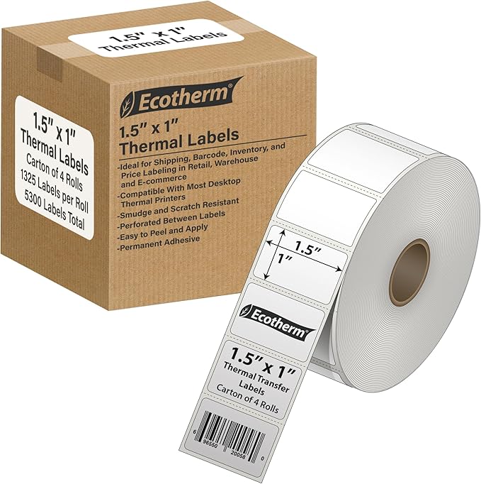 1.5" x 1" Thermal Labels | 4 Rolls | 5300 Labels | fits Zebra, Godex, Arkscan, iDPRT, Offnova Thermal Label Printers and More | Blank White Adhesive Stickers by Ecotherm-DeskLoop Office