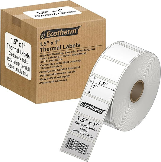 1.5" x 1" Thermal Labels | 4 Rolls | 5300 Labels | fits Zebra, Godex, Arkscan, iDPRT, Offnova Thermal Label Printers and More | Blank White Adhesive Stickers by Ecotherm-DeskLoop Office