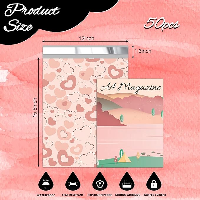 Pink Heart Poly Mailer 12x15.5 Inch 50 Pcs, Waterproof Shipping Bags for Clothing, Tear-Resistant Mailier Bags, Strong Mailing Bags with Self-Seal-DeskLoop Office