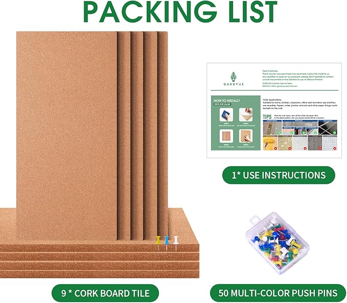 9 Pack Cork Bulletin Board 17"x8" - 1/2" Thick Cork Board Tiles,Self-Adhesive Frameless Cork Tiles Wall Decor with 50 PCS Pushpins for DIY, Office, School and Home Decor-DeskLoop Office