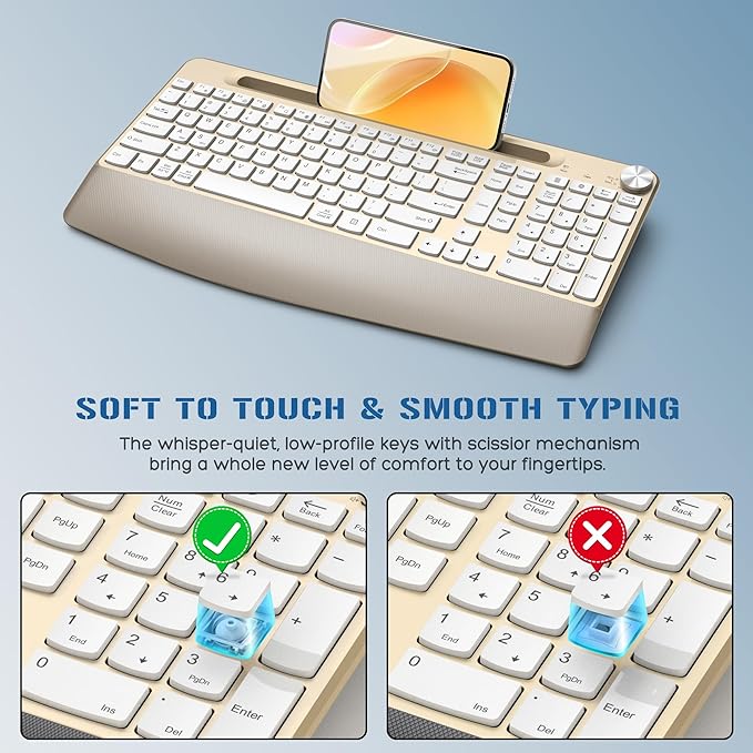 JOYACCESS Ergonomic Wireless Keyboard with Palm Rest & Tilt Angle, 2.4G Full-Size, Comfortable Typing, USB-C Adapter & Phone Holder for Mac/Windows -Gold White-DeskLoop Office