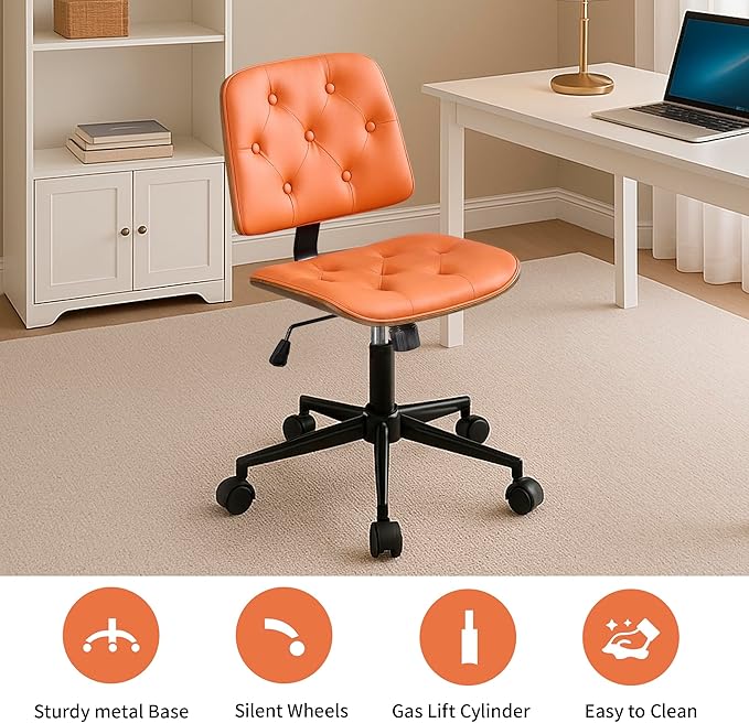Small Armless Desk Chair – PU Leather Mid-Back Ergonomic Office Chair with Adjustable Height, Swivel Wheels, Walnut Frame, Ideal for Small Office, Study, or Bedroom, Orange-DeskLoop Office