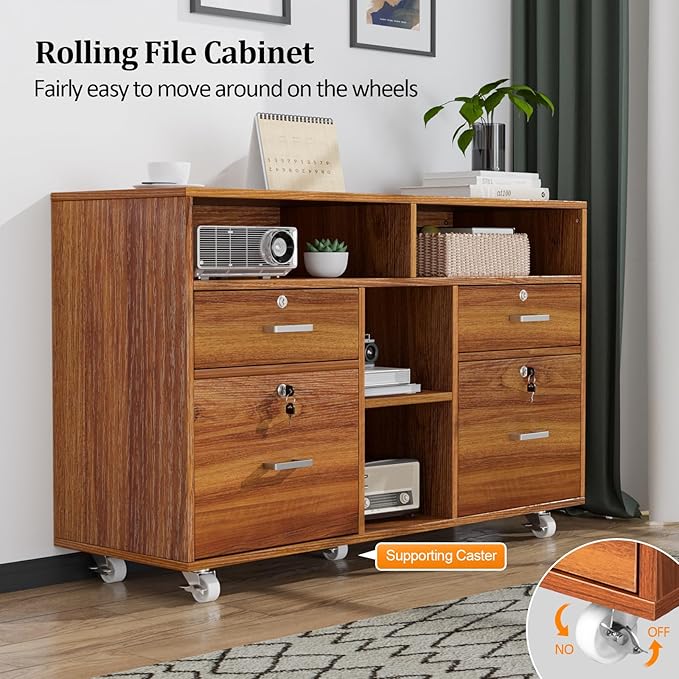 VINGLI Wide 4 Drawer Lockable Rolling File Cabinet with Open Shelves - Walnut Wood Lateral File Cabinet Printer Stand for Home Office, Letter Sized-DeskLoop Office