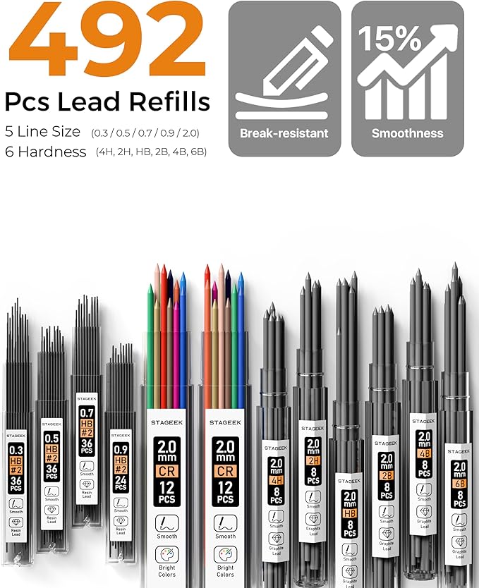 37PCS Art Mechanical Pencil Set, Drafting Pencil 5 Sizes- 0.3, 0.5, 0.7, 0.9MM & 2PCS 2.0MM Mechanical Drawing Pencils with 492PCS Leads (6B 4B 2B HB 2H 4H Color) for Artist Sketching Drawing-DeskLoop Office