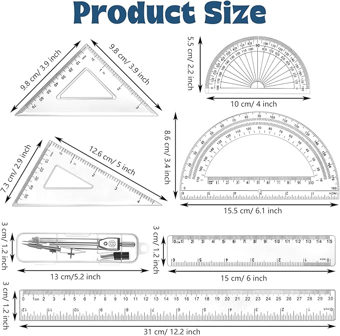 Zonon 1 Set Plastic Geometry Math Set Includes Drawing Compass, 6 and 4 Inch Protractor, 45/60 Degree Triangle Rulers 12 and 6 Inch Math Ruler Transparent for Office Supplies(Clear)-DeskLoop Office