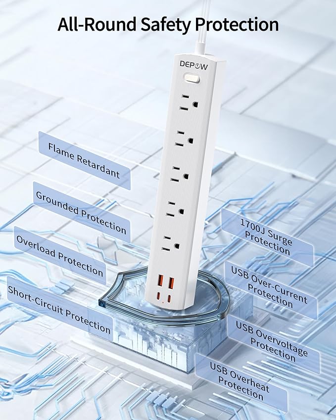 Power Strip Surge Protector with 5 AC Outlets(1875W/15A) 4 USB Ports (2 USB C), 5 Ft Ultra Thin Extension Cord, Low Profile Flat Plug, 1700 Joules, Wall Mount for Home Office, White-DeskLoop Office