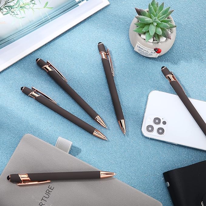 Tenare 12 Pieces 2 in 1 Stylus Metal Ballpoint Pen with Stylus Tip, 1.0 mm Black Ink Ballpoint Pen for Touch Screens(Gray and Rose Gold)