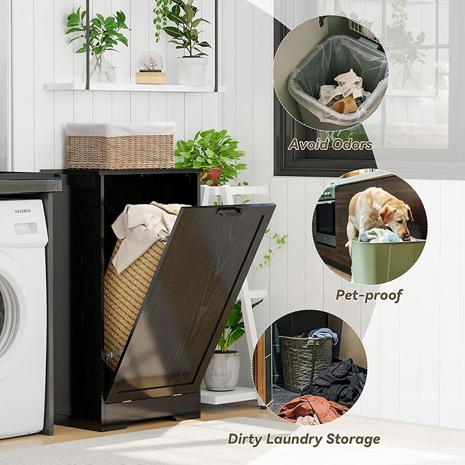 Tilt Out Kitchen Trash Can Cabinet, Pet Proof Wooden Kitchen Garbage Can with Lid, Hidden Laundry Basket Organizer, 10 Gallon Free Standing Bathroom Laundry Hamper Cabinet, Black-DeskLoop Office