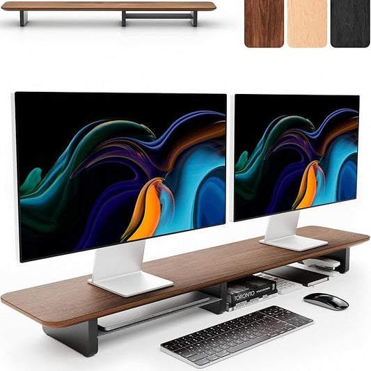 KIVY Dual Monitor Riser with Integrated Metal Shelf - Wooden desk shelf for top of desk - Wood monitor stand for desk 2 monitors / tv - Dual monitor stand riser for desk - Large walnut monitor stand-DeskLoop Office