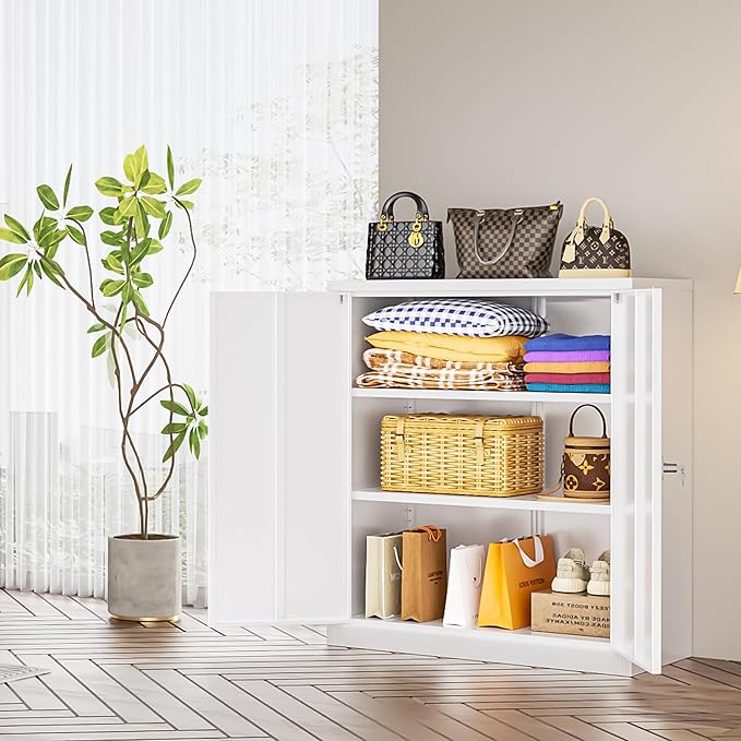 INTERGREAT Metal Cabinet with Lock, Lockable Metal Storage Cabinets with Doors and Shelves for Garage, White Locking Garage Storage Cabinets 36"×32"×16"-DeskLoop Office