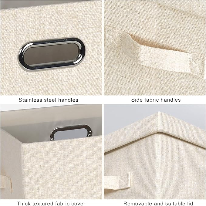 Large 17" 36 Quart Collapsible Stackable Storage Bins with Lids, 3 Packs Light Orange Linen Fabric Closet Boxes with Lids, Storage Cube Baskets Container Organizers for Office (17x12x11)-DeskLoop Office