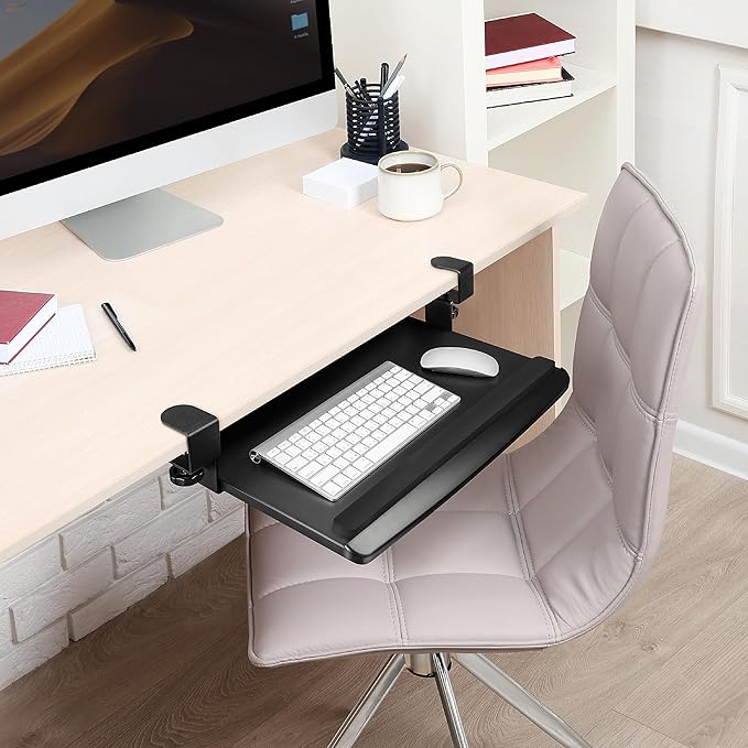 EHO Clamp-On Retractable Adjustable Keyboard Tray, Under Desk Ergonomic Keyboard Tray - Easy Tool-Free Install - Small with Wrist Rest 20" (24.8" Including Clamps) x 11.5" for Enhanced Typing Comfort-DeskLoop Office