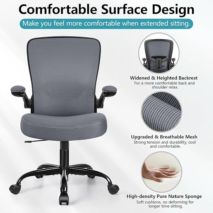 FelixKing Office Chair, Ergonomic Desk Chair Breathable Mesh Chairs with Adjustable High Back Lumbar Support Flip-up Armrests, Executive Swivel Comfy Task Computer Chairs for Home Office Dark Gray-DeskLoop Office
