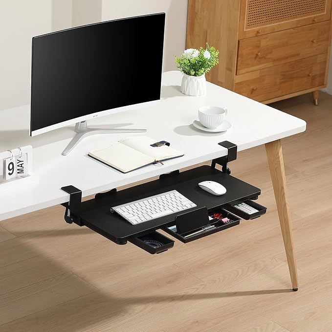 Keyboard Tray Under Desk with Drawer,26.77" X 11.81" Keyboard Tray Large Size with C Clamp-on Mount, Easy to Install, Save Space for Office Desk (Black)-DeskLoop Office