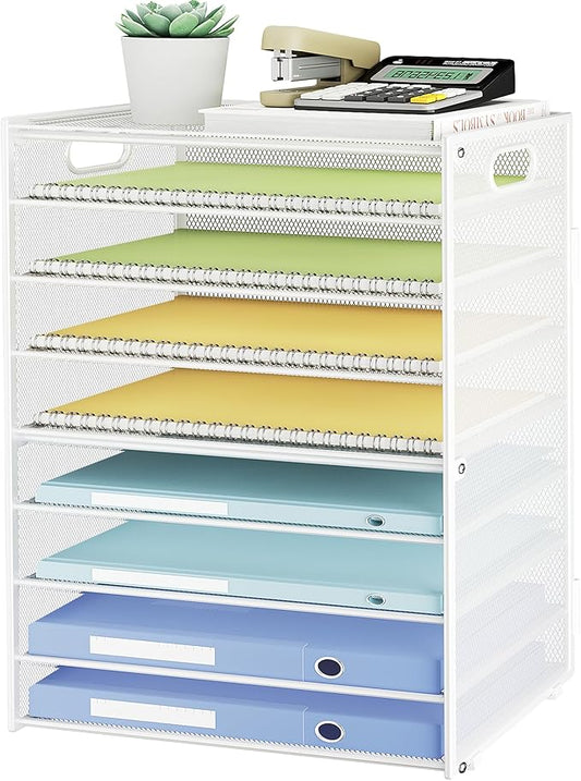 SUBEKYU 9 Tier Paper Letter Tray Desk Organizer with Handles - White Metal Mesh File Holder Paper Sorter Desk Organizer for Office Home School, Include 6 Pcs Adjustable Slid Tray, 6 Colors Available-DeskLoop Office