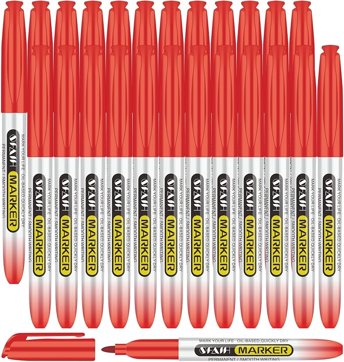 SFAIH Red Permanent Markers Bulk - 24 Pack, 1s Quick Dry, Fine Point Permanent Markers for Paper Plastic Glass Metal Wood, Waterproof, Kitchen Classroom Office, Doodling, Marking, Non-Fading-DeskLoop Office