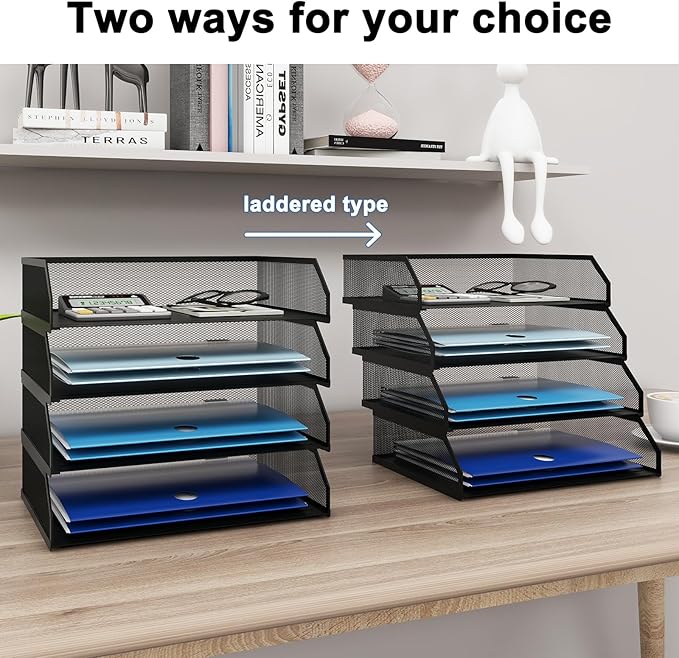 Natwind 4-Tier Stackable Paper Tray, Metal Mesh Desktop Organizer, A4 Desk Organizer, Stackable Letter Trays,File Folder Sorter Organizer with Sliding Tray for Home, Office, School (Black)-DeskLoop Office