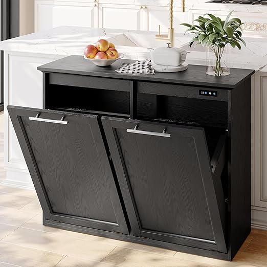 OLD CAPTAIN Tilt Out Trash Cabinet with Quick Installation and Deodorising Function, Wooden Freestanding Trash Can Cabinet Holds Up to 2x13 Gallons Capacity for Kitchen and Dining Room, Pure Black-DeskLoop Office