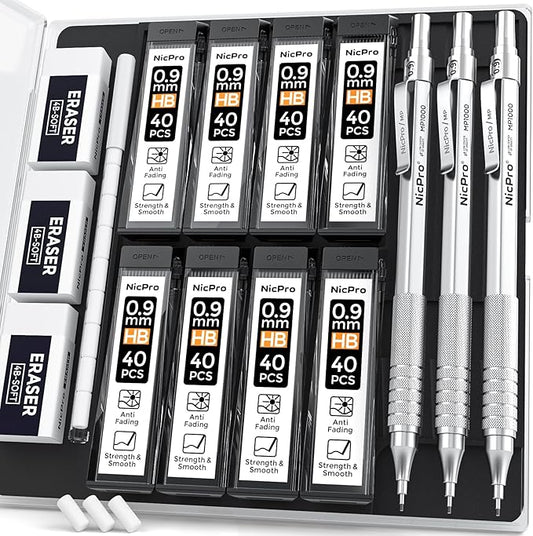 Nicpro 0.9 mm Metal Mechanical Pencil Set with Case, with 3PCS MP1000 0.9mm Drafting Pencil, 8 Tubes HB Lead Refills, 3PCS Eraser, Erasers Refills for Artist Writing, Drawing, Sketching, Silver-DeskLoop Office
