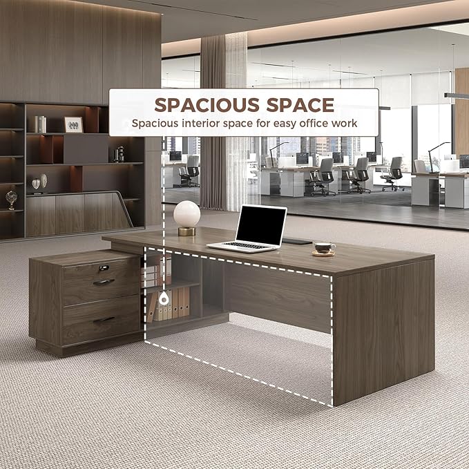 Executive Office Desk with Reversible Cabinets, Lockable Drawers, Cable Box & Privacy Panel – Modern Wood Grain Desk for Home Office or Business Use(Black Walnut,63" L*32" W*30" H)-DeskLoop Office