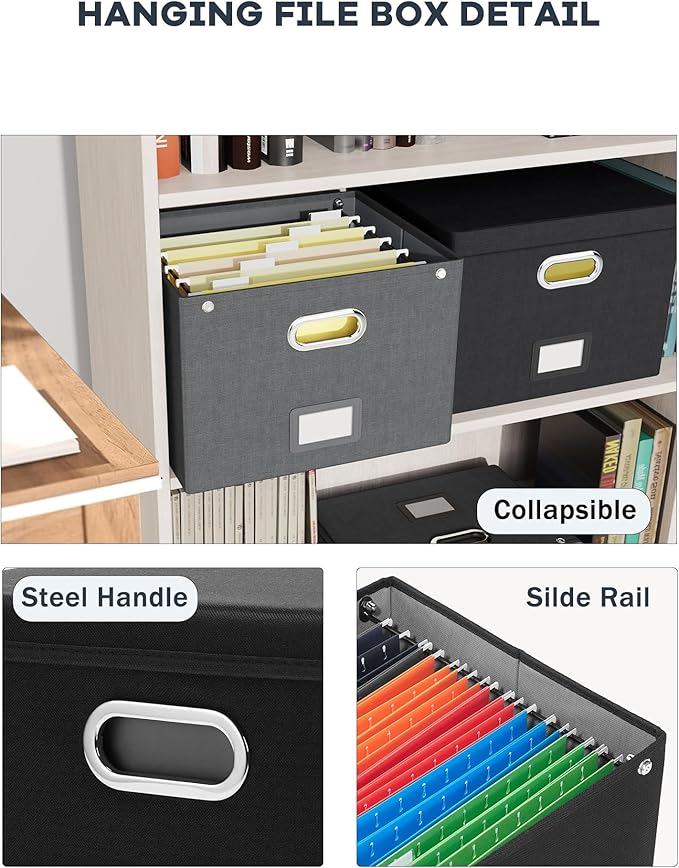 2 Pack File Organizer Box with Lid, Large Hanging Filing Box with Mesh Pocket, Document Organizer for Letter Files, Portable Storage Case for Office&Home (Black)-DeskLoop Office