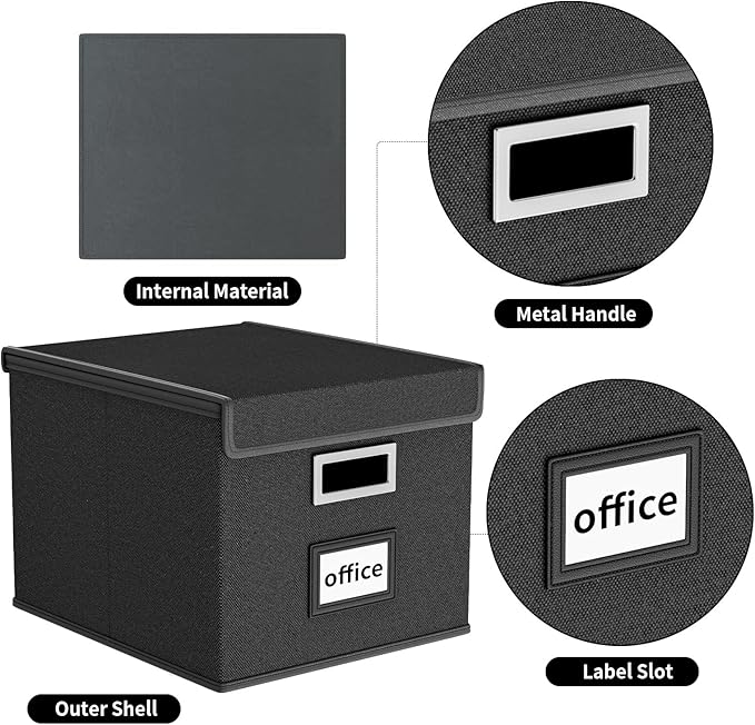 Huolewa Upgraded Portable File Organizer Box, Large Linen Hanging Office Document Storage Box with Lid - Black, Collapsible Filing & Storage Boxes for Office/Decor/Home - 14.9 x 12.59 x 10.8 inch-DeskLoop Office
