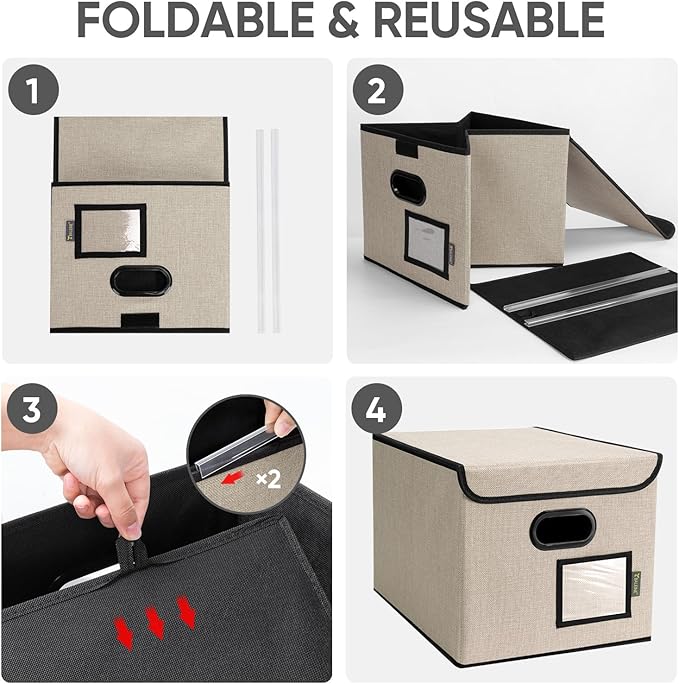 BALEINE File Organizer Box with Lid, Collapsible File Folder Organizer with Plastic Slide, Hanging File Folder Box for Office Document Storage (2 Pack, Beige)-DeskLoop Office