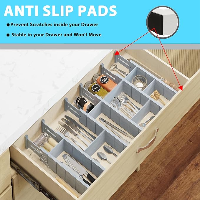 6 Pack Bamboo Drawer Dividers with 12 Inserts, Expandable Adjustable Clothes Drawer Organizers and Storage from 17" to 22" for Kitchen, Bedroom, Dresser, Cosmetics (Gray)-DeskLoop Office