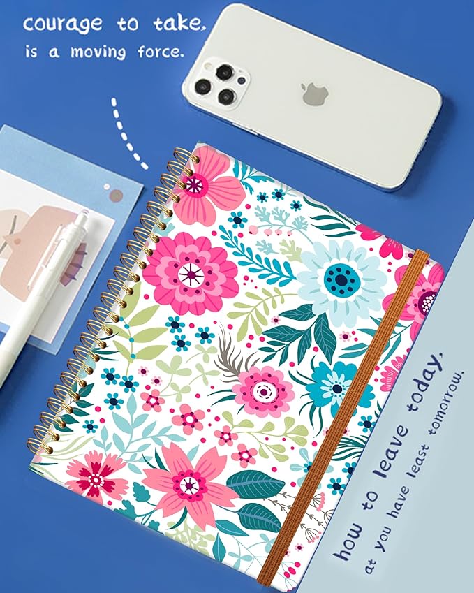 Ruled Spiral Writing Notebook,A5 Hardcover Lined College Journal for Women Lady,Fashion Puppy Watercolor Strong Twin-Wire Binding with Premium Paper,8.4" X 6",Perfect for School,Office,Home Gifts(Colorful Flowers)-DeskLoop Office