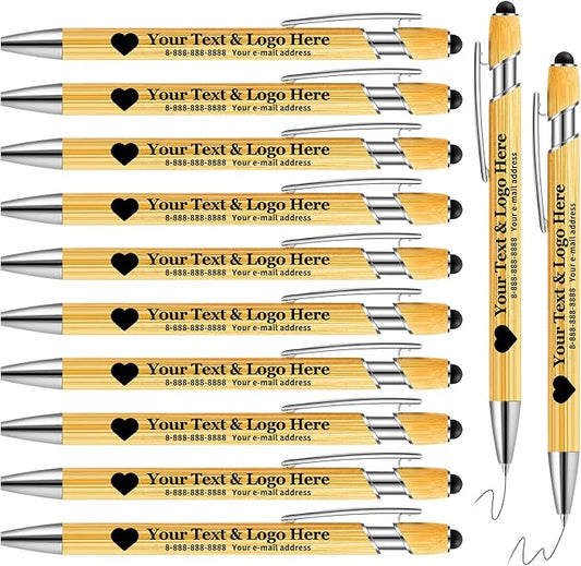 Bamboo Personalized Pens Bulk with Stylus - Custom Logo/Name, 12 Pack Ballpoint Pens - Student & Teacher Bulk Gifts, Corporate Giveaways, Back to School Supplies - Black Ink-DeskLoop Office