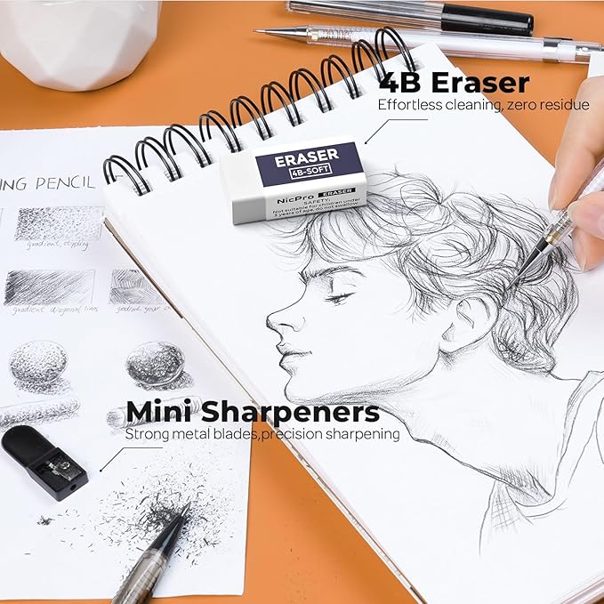 Nicpro 26PCS Art Drawing Supplies Kit, Mechanical Pencils Set 0.5, 0.7, 0.9 & 2mm, 100 Sheets Sketch book, 172PCS Lead Refills, School Supplies Gifts for Artist Adults Teens Girls Boys Kids Sketching-DeskLoop Office