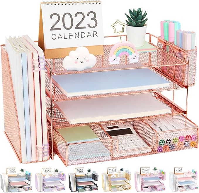 Desk Organizer and Accessories, 4-Tier Desktop File Organizer with Drawer and 2 Pen Holders, Office Desk Accessories for Office Supplies(Rose Gold)-DeskLoop Office