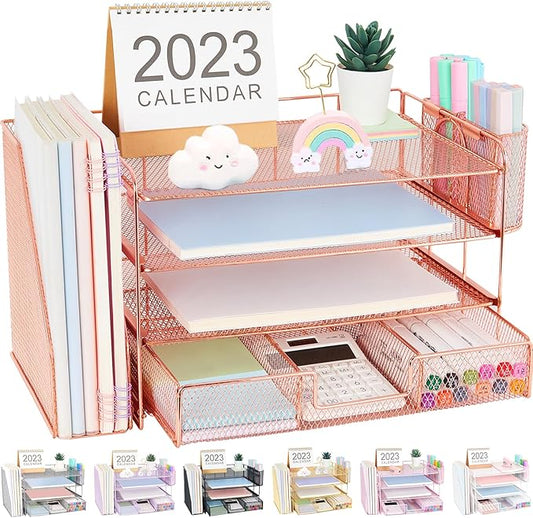 Desk Organizer and Accessories, 4-Tier Desktop File Organizer with Drawer and 2 Pen Holders, Office Desk Accessories for Office Supplies(Rose Gold)-DeskLoop Office