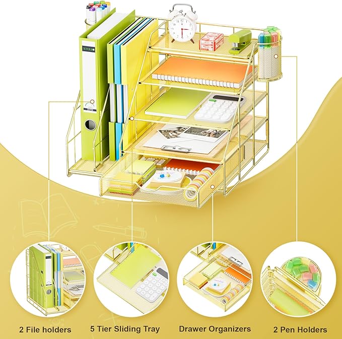 Marbrasse Desk Organizer with File Holder, 5-Tier Desk Organizer and Accessories with Drawer and 2 Pen Holders, Mesh Paper Letter Tray, Desktop Storage for Office Supplies (Gold)-DeskLoop Office