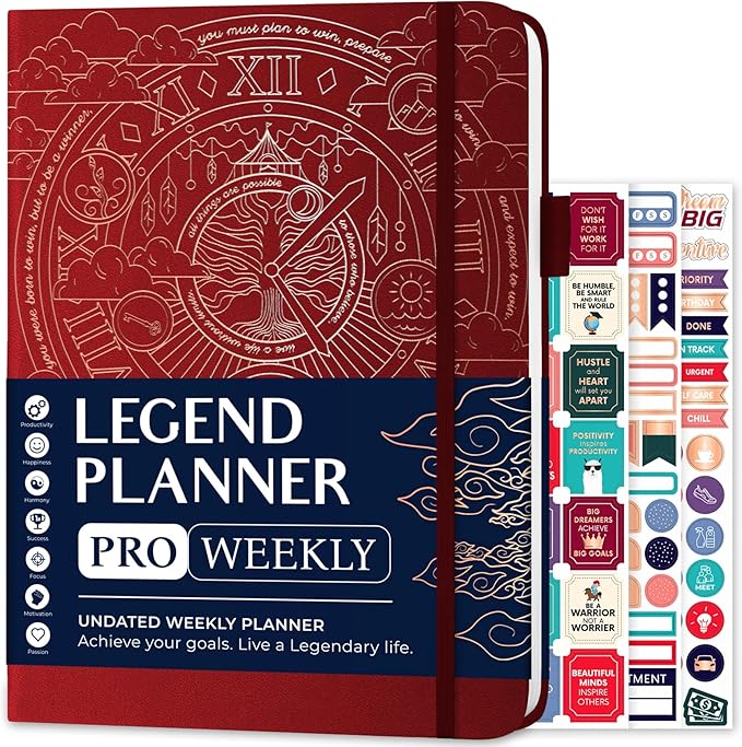 Legend Planner PRO – Deluxe Weekly & Monthly Life Planner to Increase Productivity and Hit Your Goals. Time Management Organizer Notebook – Undated – 7 x 10" Hardcover + Stickers – Wine Red-DeskLoop Office