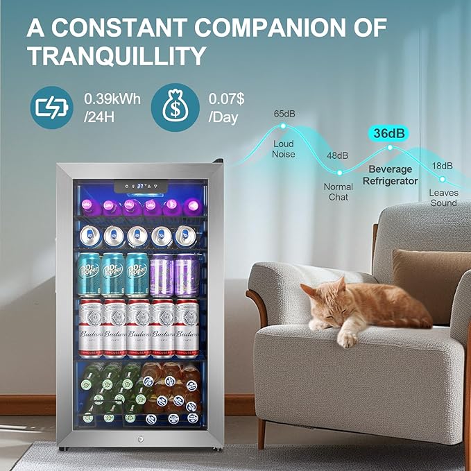 Beverage Refrigerator Cooler, 128 Cans Mini Fridge Glass Door for Drink Beer Soda Wine, 3.2 Cu.Ft Small Fridge for Kitchen Bedroom Office Bar, with 4 Adjustable Removable Shelves, Stainless Steel-DeskLoop Office