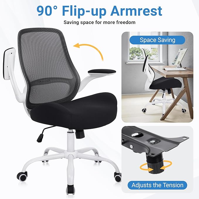 HYLONE Heavy Duty Office Chair, 5" Thickened Seat Ergonomic Desk Chair with Adjustable Armrests, Home Office Computer Chairs for Long Hours Mesh Executive Chair(White Base & Black)-DeskLoop Office