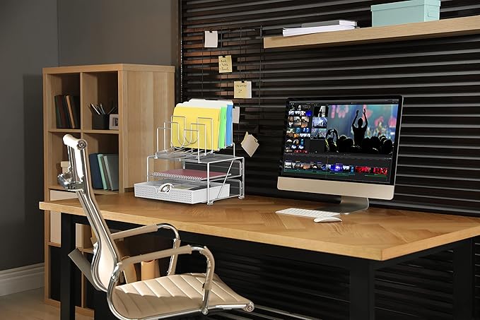 DecoBrothers Desktop File Organizer with Double Tray and 5 Folder Stand, Silver-DeskLoop Office