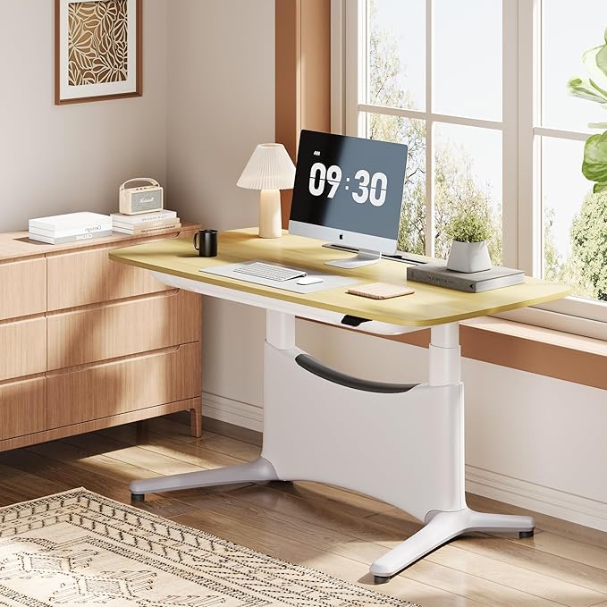 COLAMY Electric Adjustable Standing Desk – 48 x 28 Inch Sit Stand Desk with Drawer & Cable Management, Dual Motor Lift System, Ergonomic Footrest, Home Office Table (MFC Desktop, Light Maple + White)-DeskLoop Office