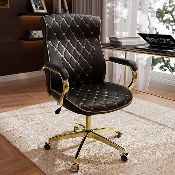 Black and Gold Office Chair with Soft Leather Embroidery, Mid Back Vintage Swivel Executive Desk Chair with Wheels and Padded Arms, Adjustable Height-DeskLoop Office