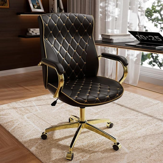 Black and Gold Office Chair with Soft Leather Embroidery, Mid Back Vintage Swivel Executive Desk Chair with Wheels and Padded Arms, Adjustable Height-DeskLoop Office