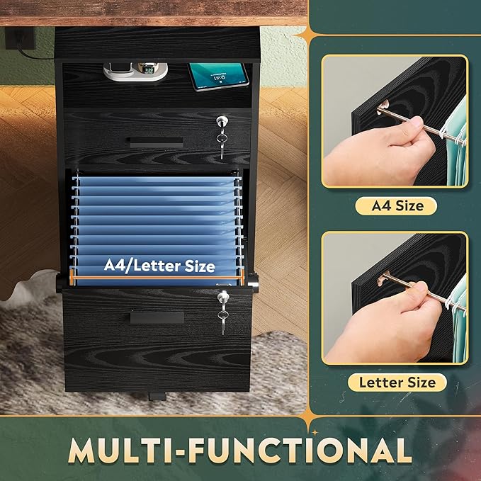 DEVAISE 2 Drawer File Cabinet with Lock and Charging Station, Wood Filing Cabinet fits A4 or Letter Size, Mobile Printer Stand with Open Storage Shelf for Home Office, Black-DeskLoop Office