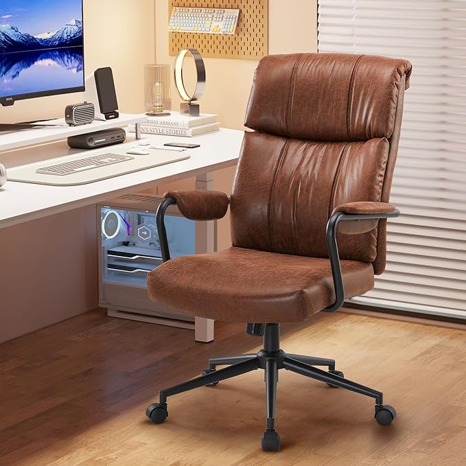 Mid Century Office Chair, Ergonomic Modern Breathable Fabric Home Desk Chair with Lumbar Support, Adjustable Height Swivel Computer Chair for Home Office (Brown)-DeskLoop Office